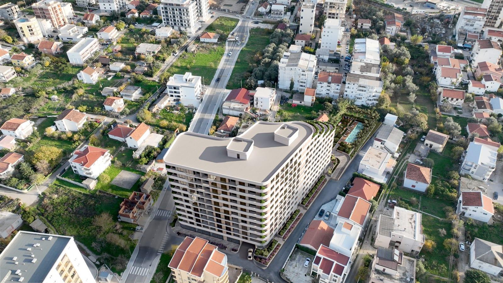 Pogled iz vazduha na Terrazze Residences sa okolnim parkingom i ulicama